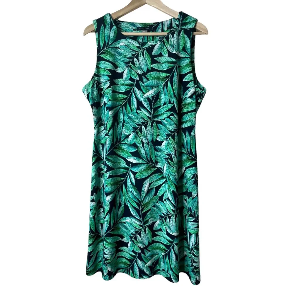 Tommy Hilfiger Tropical Leaf Print Shift Dress Sz 12 Crew Neck Sheath Midi Green - Picture 1 of 12
